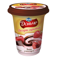 Desert de brânză cu vișine și glazură de ciocolată, 3,4%, 350 g DOLCE