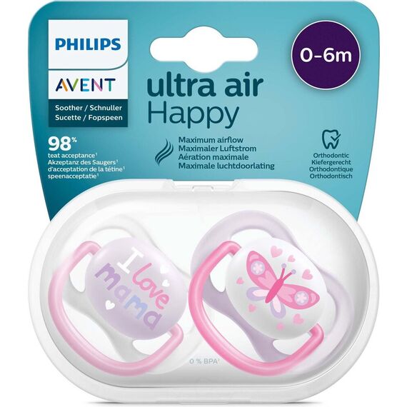 Пустышка Ultra Air Happy из силикона Girl 0-6мес 2 шт AVENT