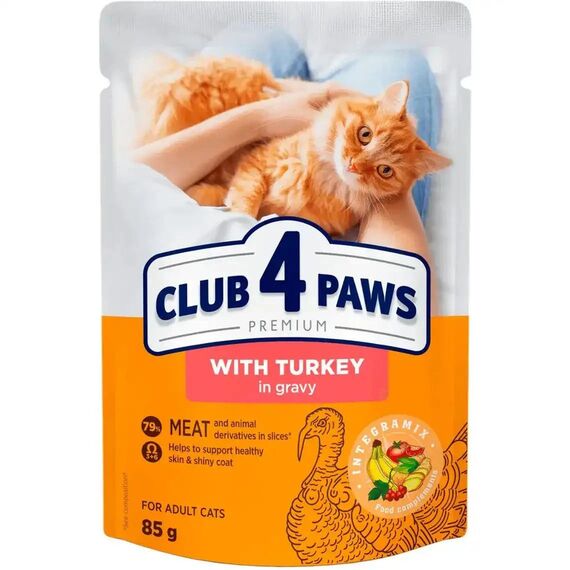 CLUB 4 PAWS Hrana p/u pisici adulte cu curcan in sos 85g