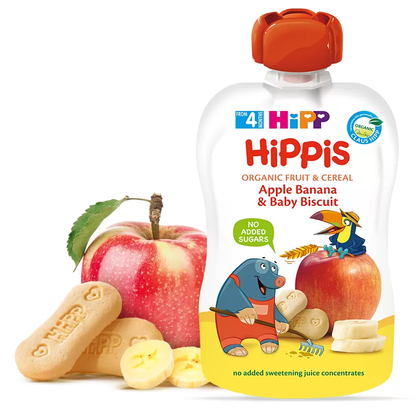 HIPP Piure din fructe măr, banana cu biscuit 100g