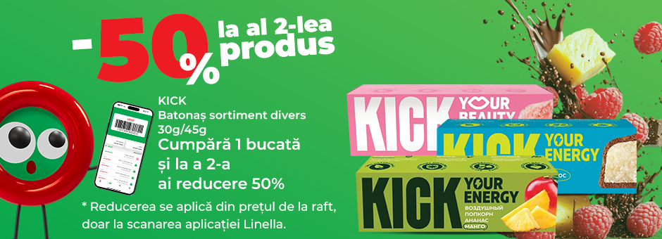 50% REDUCERE la al doilea produs batonaș Kick